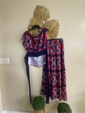Red & Navy Printed Two-Piece Pantsuit